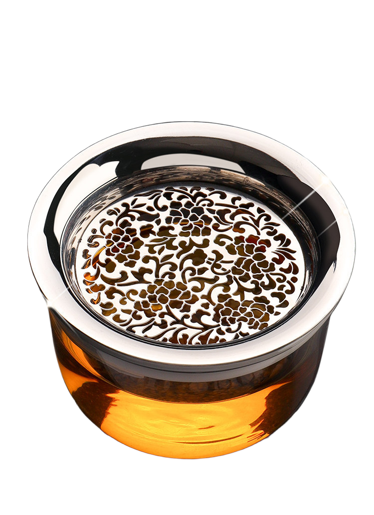 304 stainless steel tea filter with decorative peony cut-out pattern on double-wall glass pot