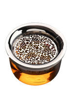 304 stainless steel tea filter with decorative peony cut-out pattern on double-wall glass pot