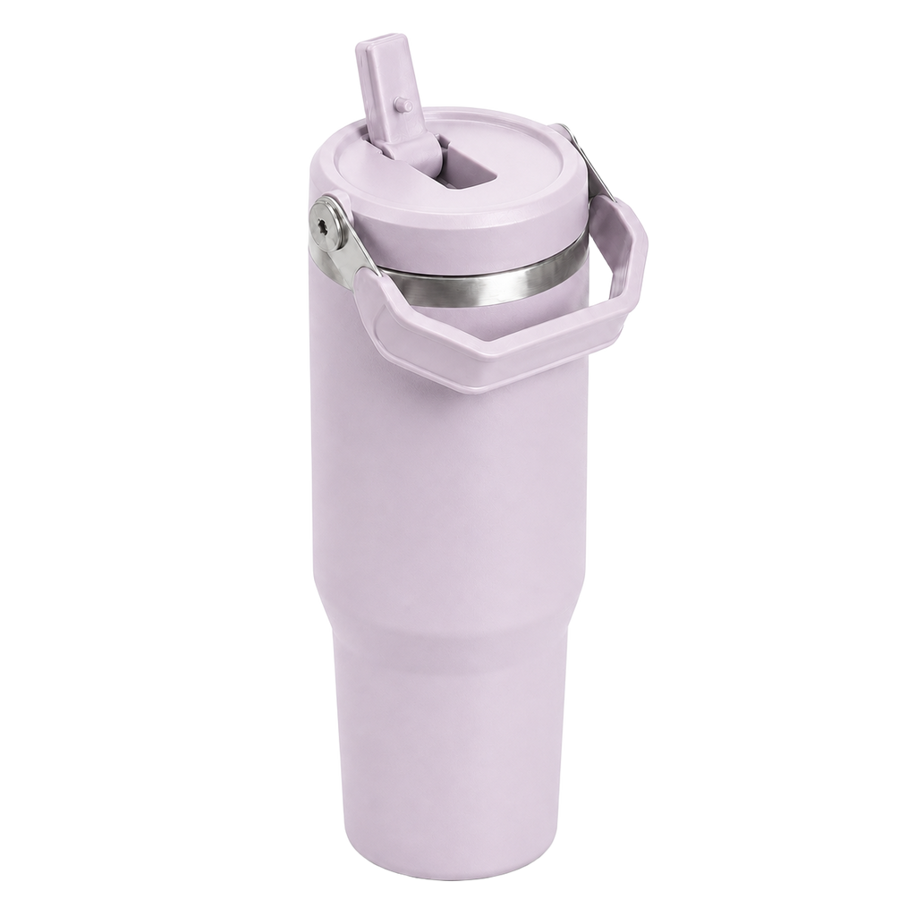 Angled view of the lavender BRUNMIIA 30oz insulated tumbler with raised flip straw and folding carry handle