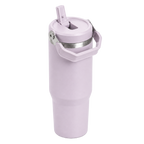 Angled view of the lavender BRUNMIIA 30oz insulated tumbler with raised flip straw and folding carry handle