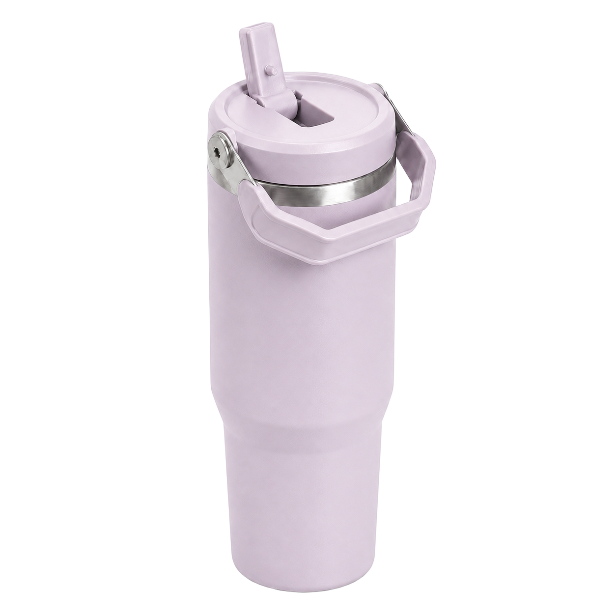 Angled view of the lavender BRUNMIIA 30oz insulated tumbler with raised flip straw and folding carry handle
