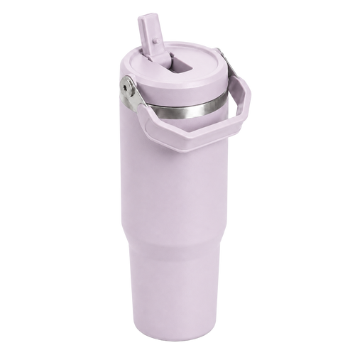 Angled view of the lavender BRUNMIIA 30oz insulated tumbler with raised flip straw and folding carry handle