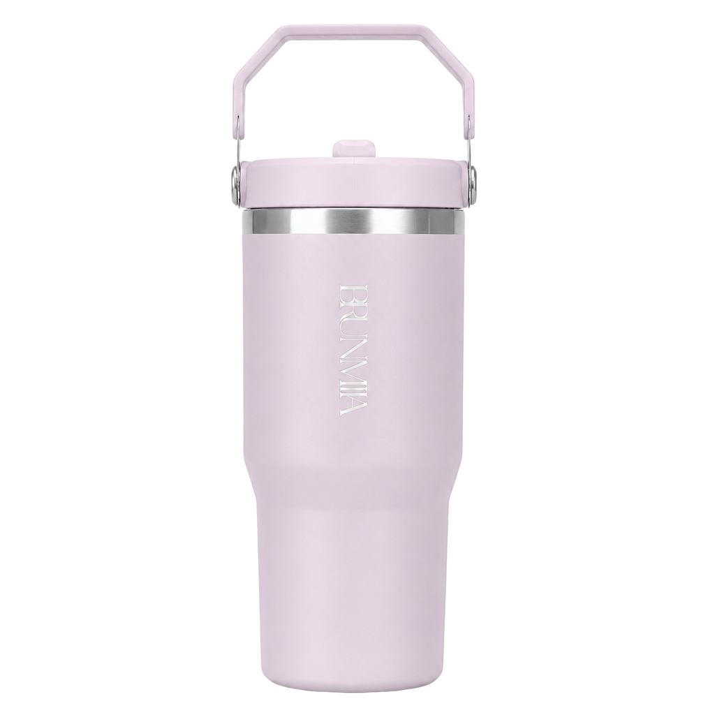 Front view of the lavender BRUNMIIA 30oz insulated tumbler with logo and upright folding handle