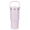 Front view of the lavender BRUNMIIA 30oz insulated tumbler with logo and upright folding handle
