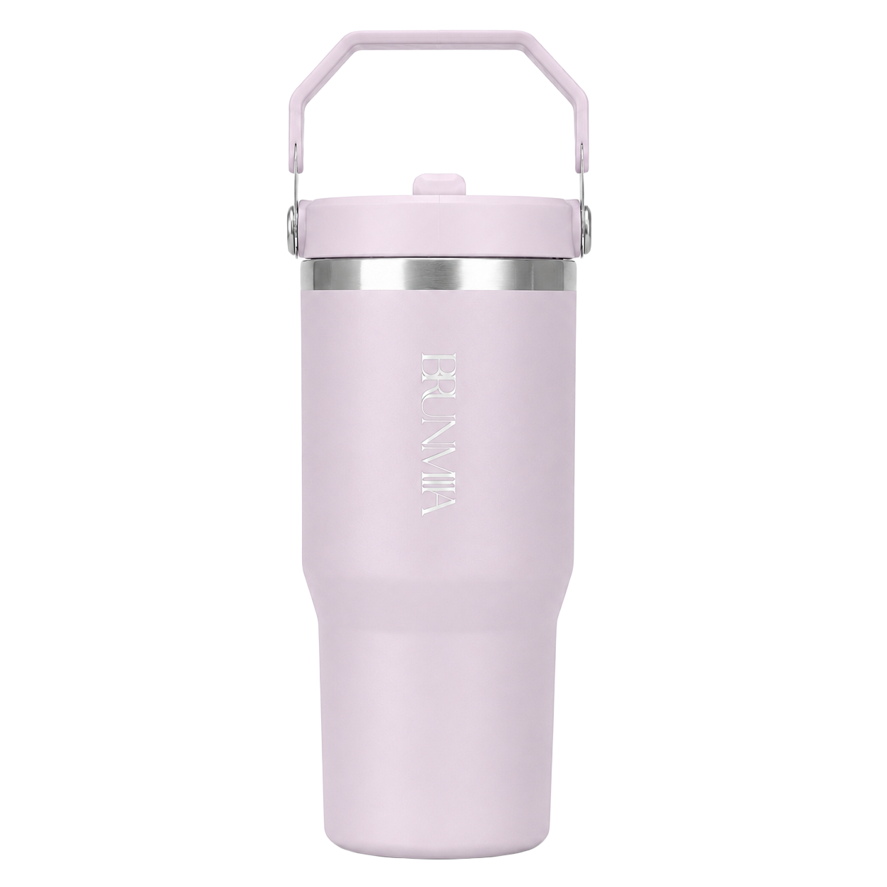 Front view of the lavender BRUNMIIA 30oz insulated tumbler with logo and upright folding handle