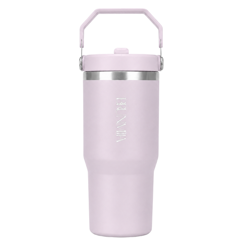 Front view of the lavender BRUNMIIA 30oz insulated tumbler with logo and upright folding handle