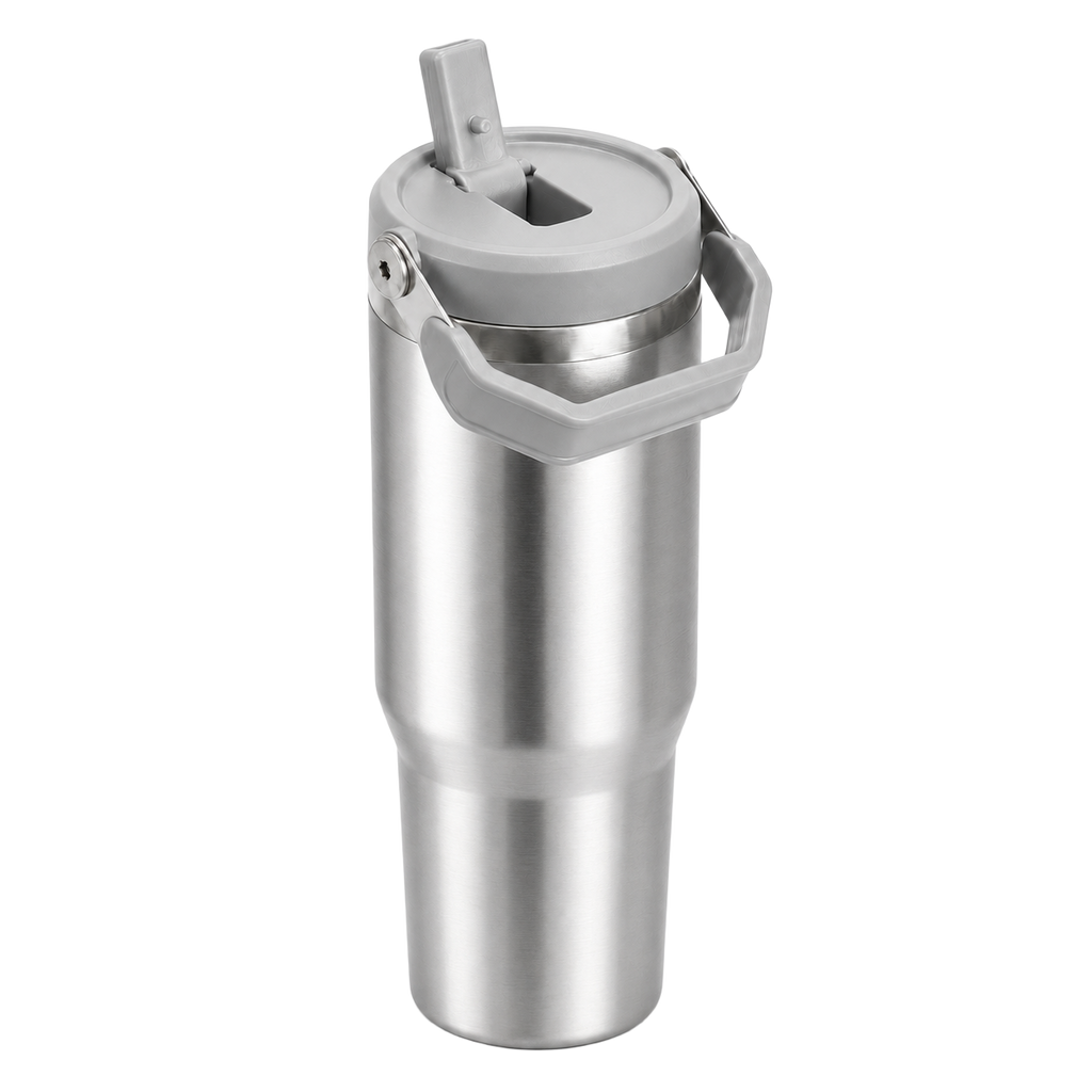 Angled view of the BRUNMIIA 30oz stainless steel insulated tumbler with raised flip straw and folding handle