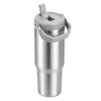 Angled view of the BRUNMIIA 30oz stainless steel insulated tumbler with raised flip straw and folding handle