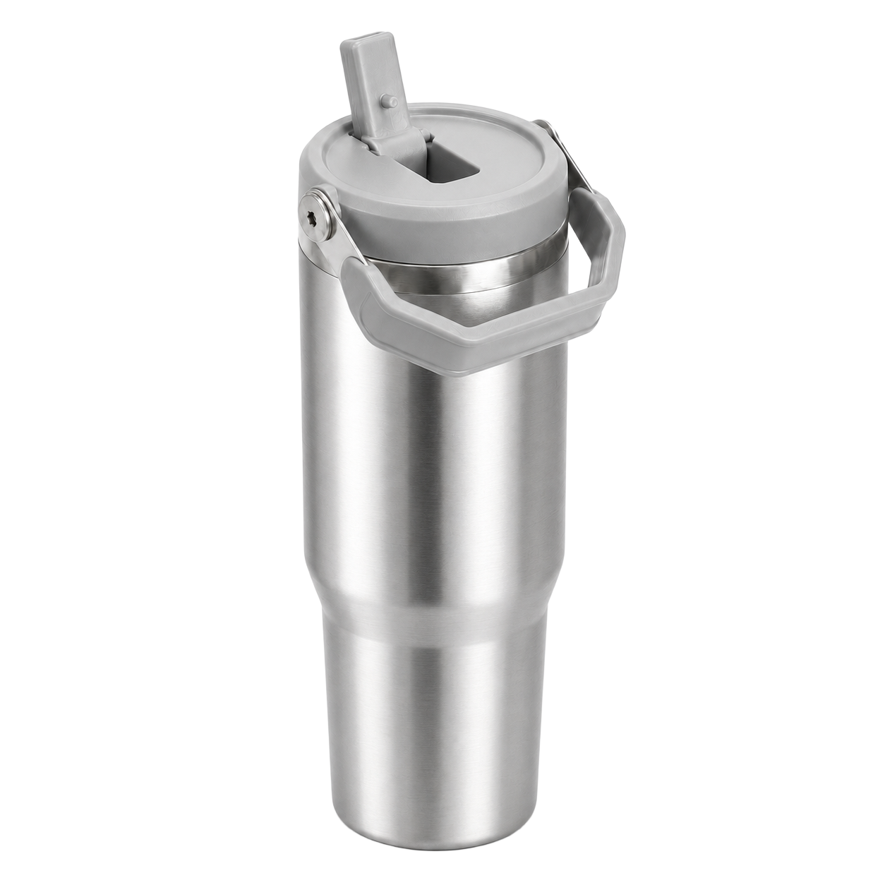 Angled view of the BRUNMIIA 30oz stainless steel insulated tumbler with raised flip straw and folding handle
