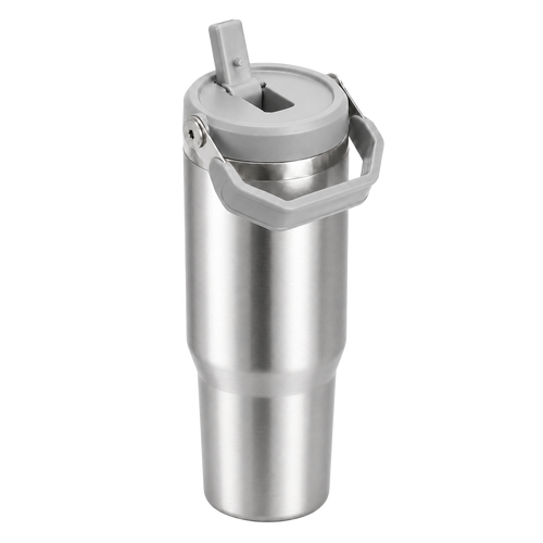 Angled view of the BRUNMIIA 30oz stainless steel insulated tumbler with raised flip straw and folding handle