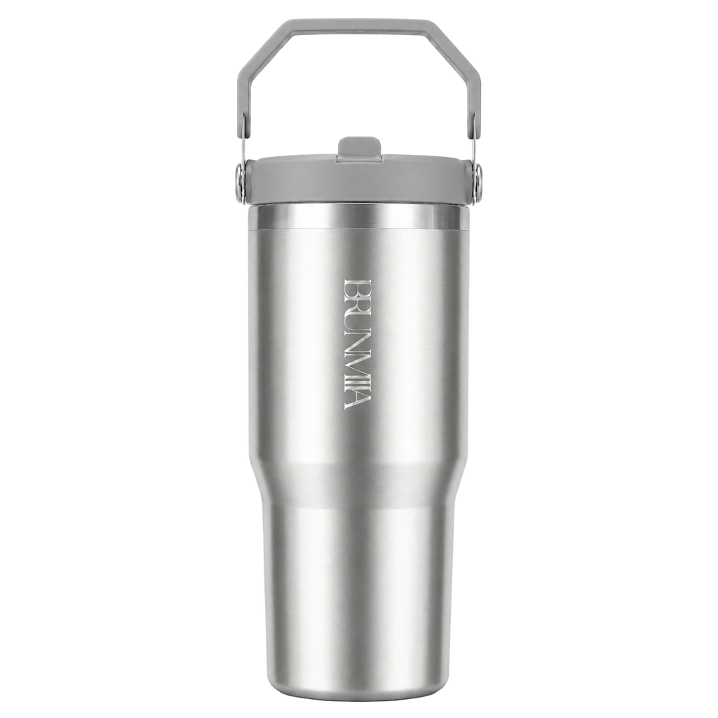 Front view of the BRUNMIIA 30oz brushed stainless steel tumbler with grey lid and upright folding handle