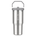 Front view of the BRUNMIIA 30oz brushed stainless steel tumbler with grey lid and upright folding handle