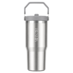 Front view of the BRUNMIIA 30oz brushed stainless steel tumbler with grey lid and upright folding handle