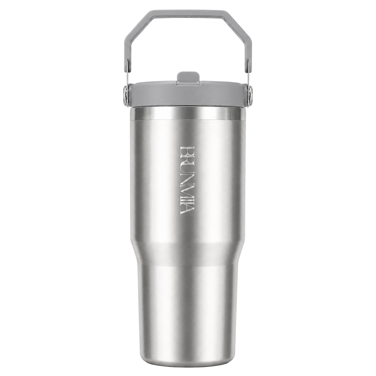 Front view of the BRUNMIIA 30oz brushed stainless steel tumbler with grey lid and upright folding handle