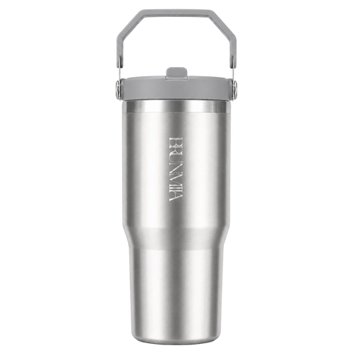 Front view of the BRUNMIIA 30oz brushed stainless steel tumbler with grey lid and upright folding handle