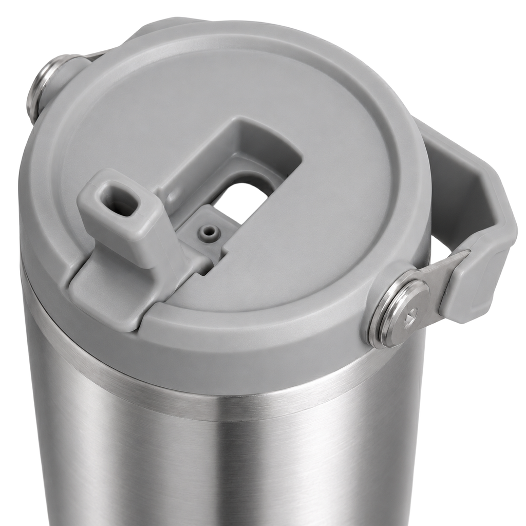 Close-up of the BRUNMIIA 30oz stainless steel tumbler with grey flip straw lid and folding carry handle
