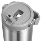 Close-up of the BRUNMIIA 30oz stainless steel tumbler with grey flip straw lid and folding carry handle