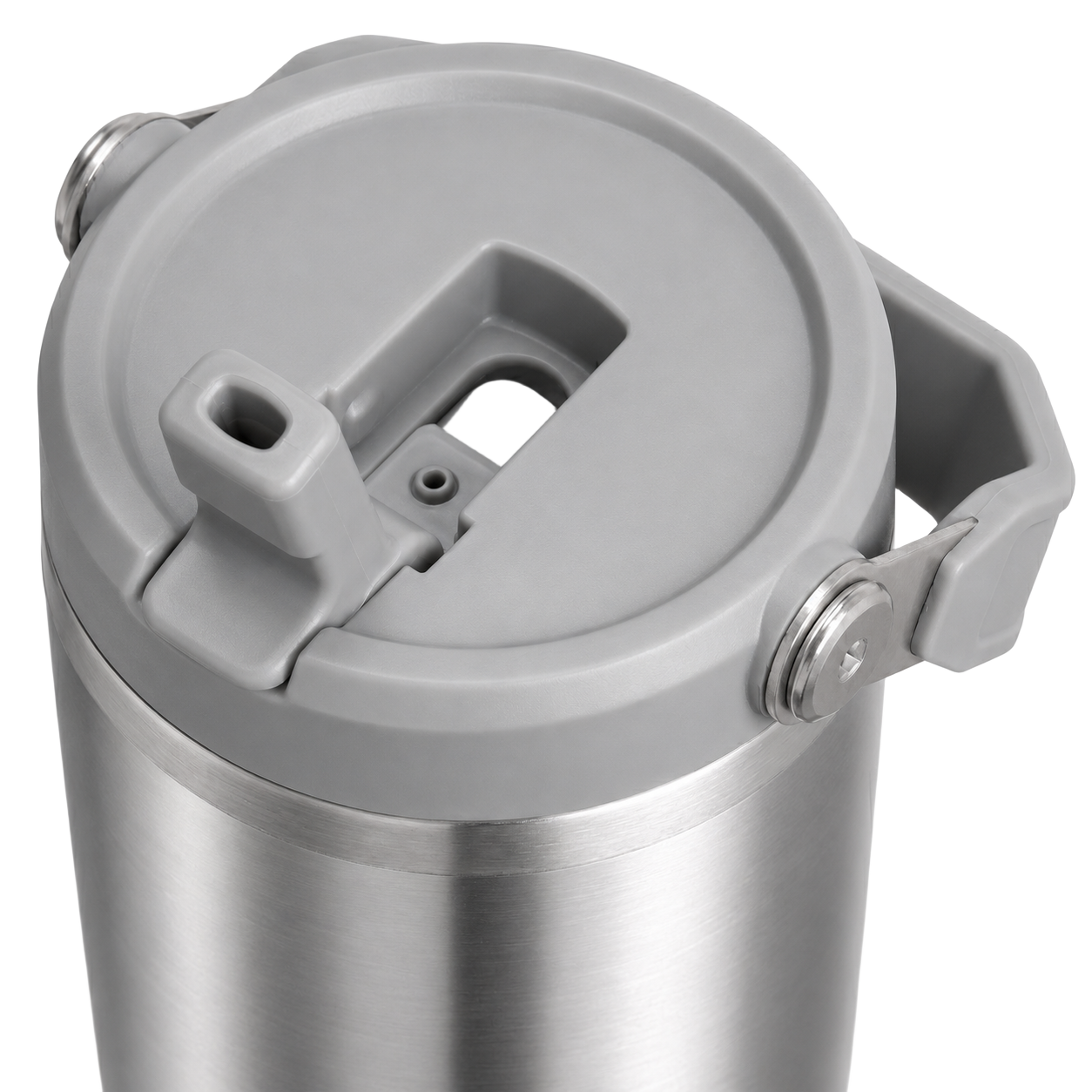 Close-up of the BRUNMIIA 30oz stainless steel tumbler with grey flip straw lid and folding carry handle