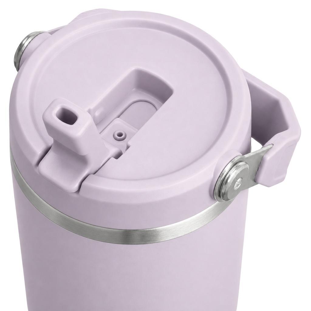 Close-up of the lavender BRUNMIIA 30oz tumbler lid with flip straw and folding carry handle