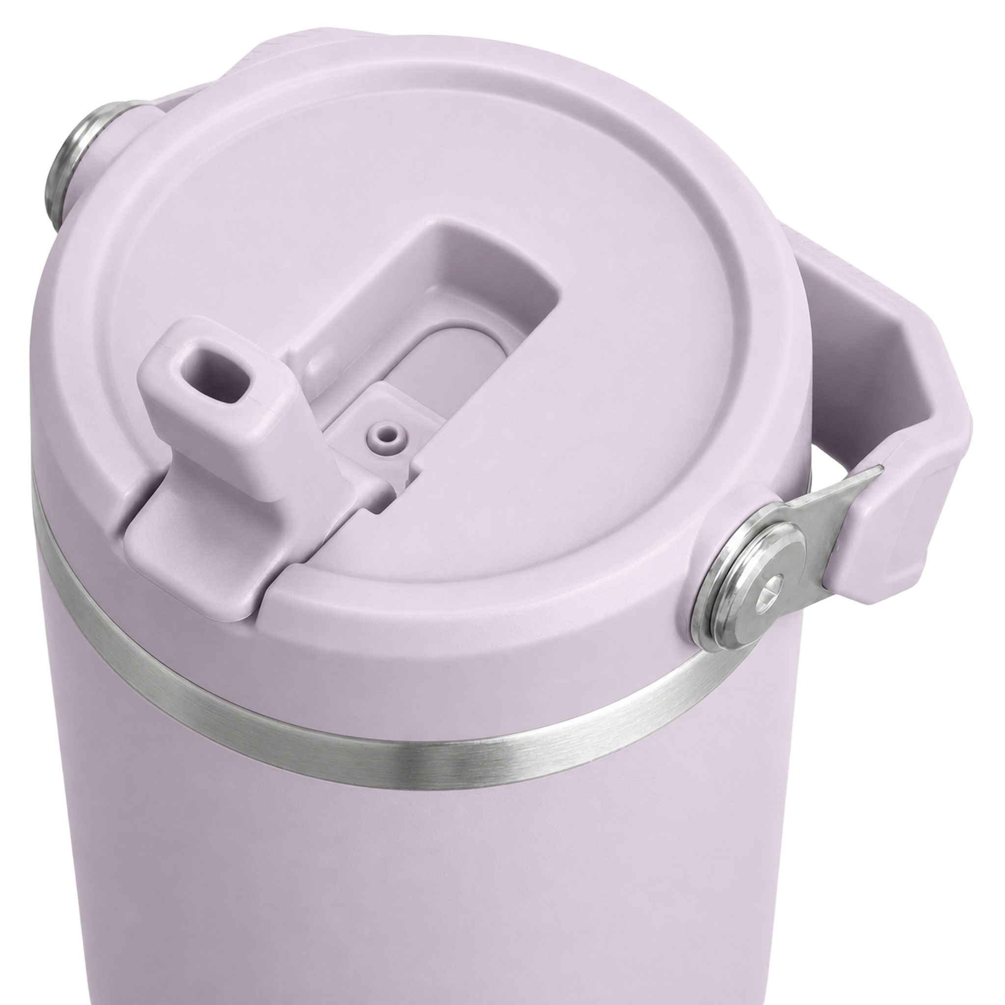 Close-up of the lavender BRUNMIIA 30oz tumbler lid with flip straw and folding carry handle