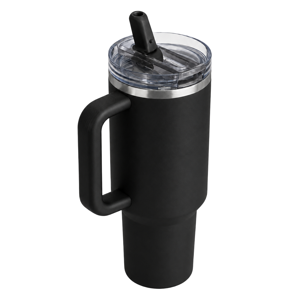 Angled view of the black BRUNMIIA 40oz insulated tumbler with fixed side handle and raised flip straw