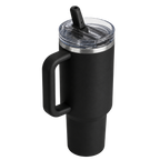 Angled view of the black BRUNMIIA 40oz insulated tumbler with fixed side handle and raised flip straw