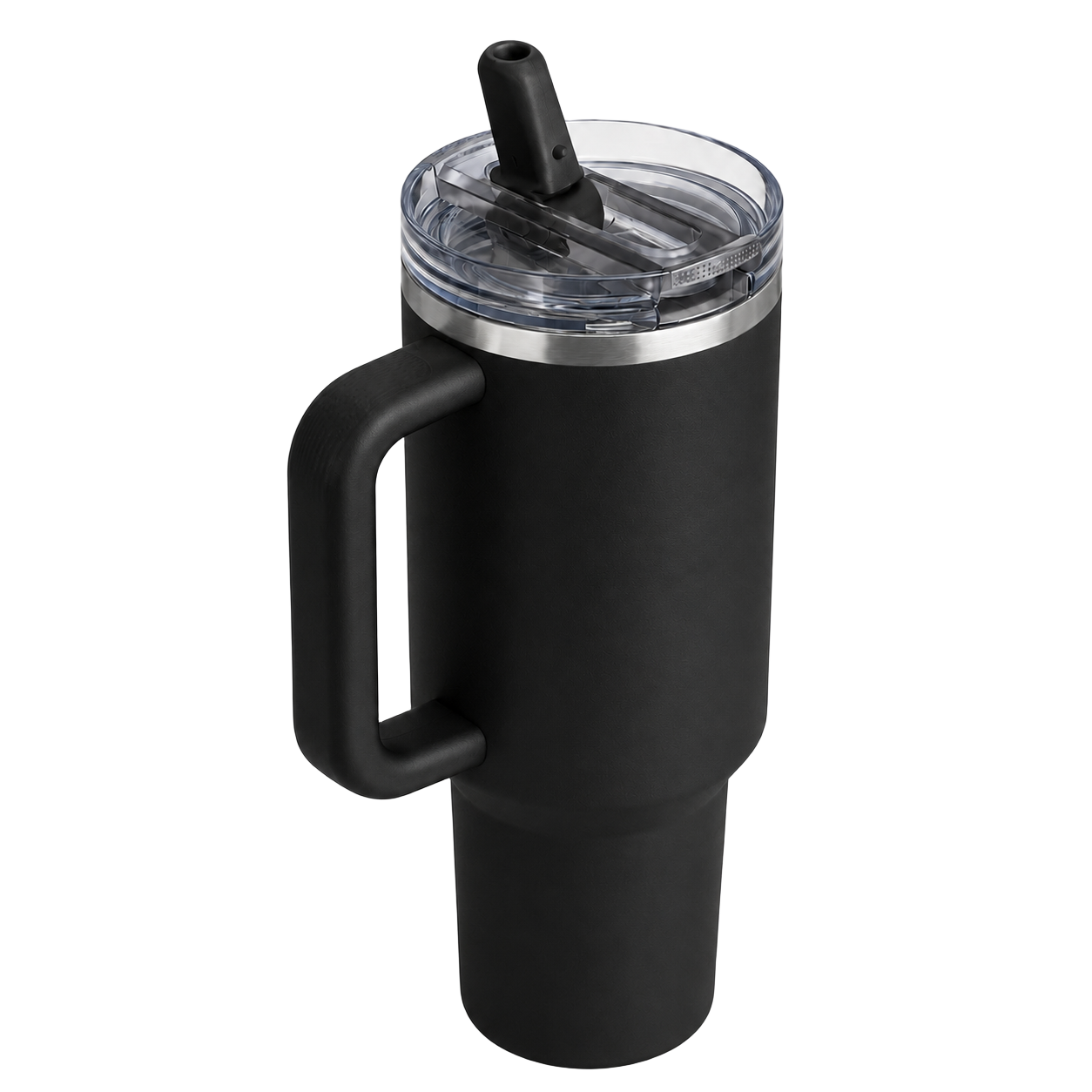 Angled view of the black BRUNMIIA 40oz insulated tumbler with fixed side handle and raised flip straw