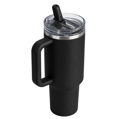 Angled view of the black BRUNMIIA 40oz insulated tumbler with fixed side handle and raised flip straw
