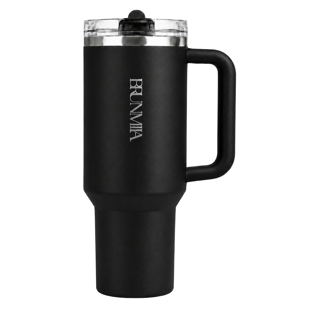 Front view of the black BRUNMIIA 40oz insulated tumbler with logo, fixed handle and tapered base