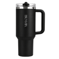 Front view of the black BRUNMIIA 40oz insulated tumbler with logo, fixed handle and tapered base