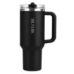 Front view of the black BRUNMIIA 40oz insulated tumbler with logo, fixed handle and tapered base