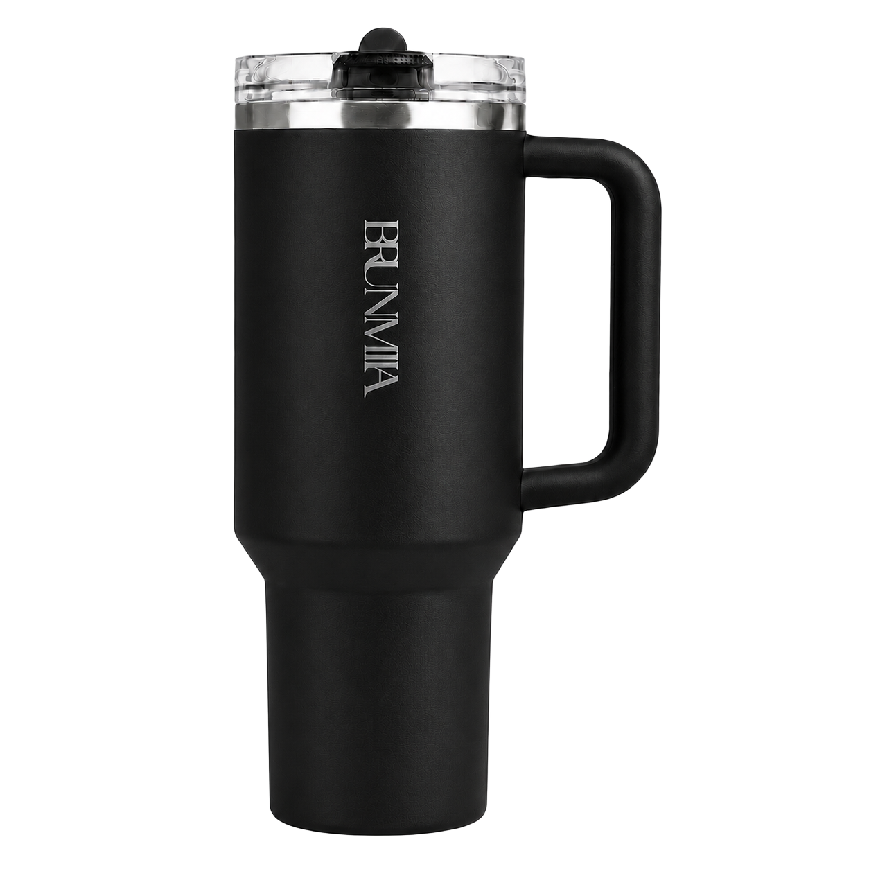 Front view of the black BRUNMIIA 40oz insulated tumbler with logo, fixed handle and tapered base