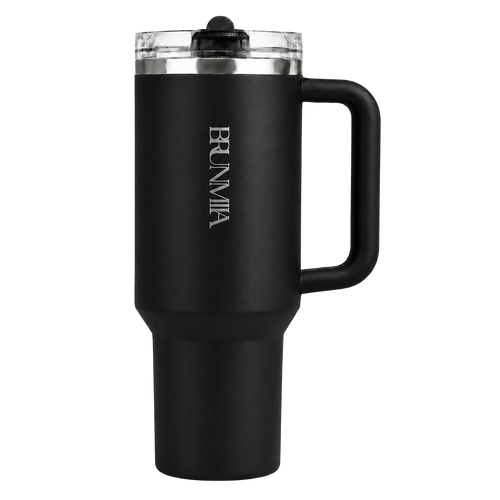 Front view of the black BRUNMIIA 40oz insulated tumbler with logo, fixed handle and tapered base