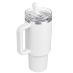 Angled view of the white BRUNMIIA 40oz insulated tumbler with fixed side handle, transparent lid and raised flip straw