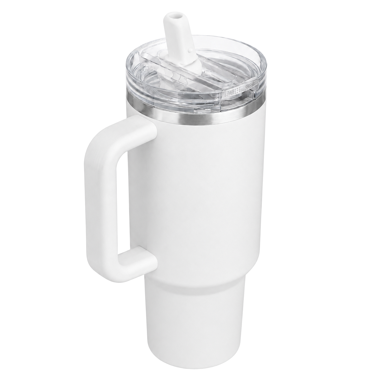 Angled view of the white BRUNMIIA 40oz insulated tumbler with fixed side handle, transparent lid and raised flip straw