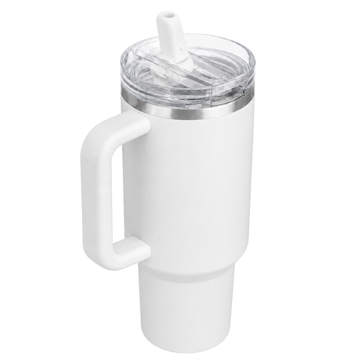 Angled view of the white BRUNMIIA 40oz insulated tumbler with fixed side handle, transparent lid and raised flip straw