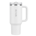 Front view of the white BRUNMIIA 40oz insulated tumbler with logo, fixed handle and tapered base