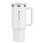 Front view of the white BRUNMIIA 40oz insulated tumbler with logo, fixed handle and tapered base