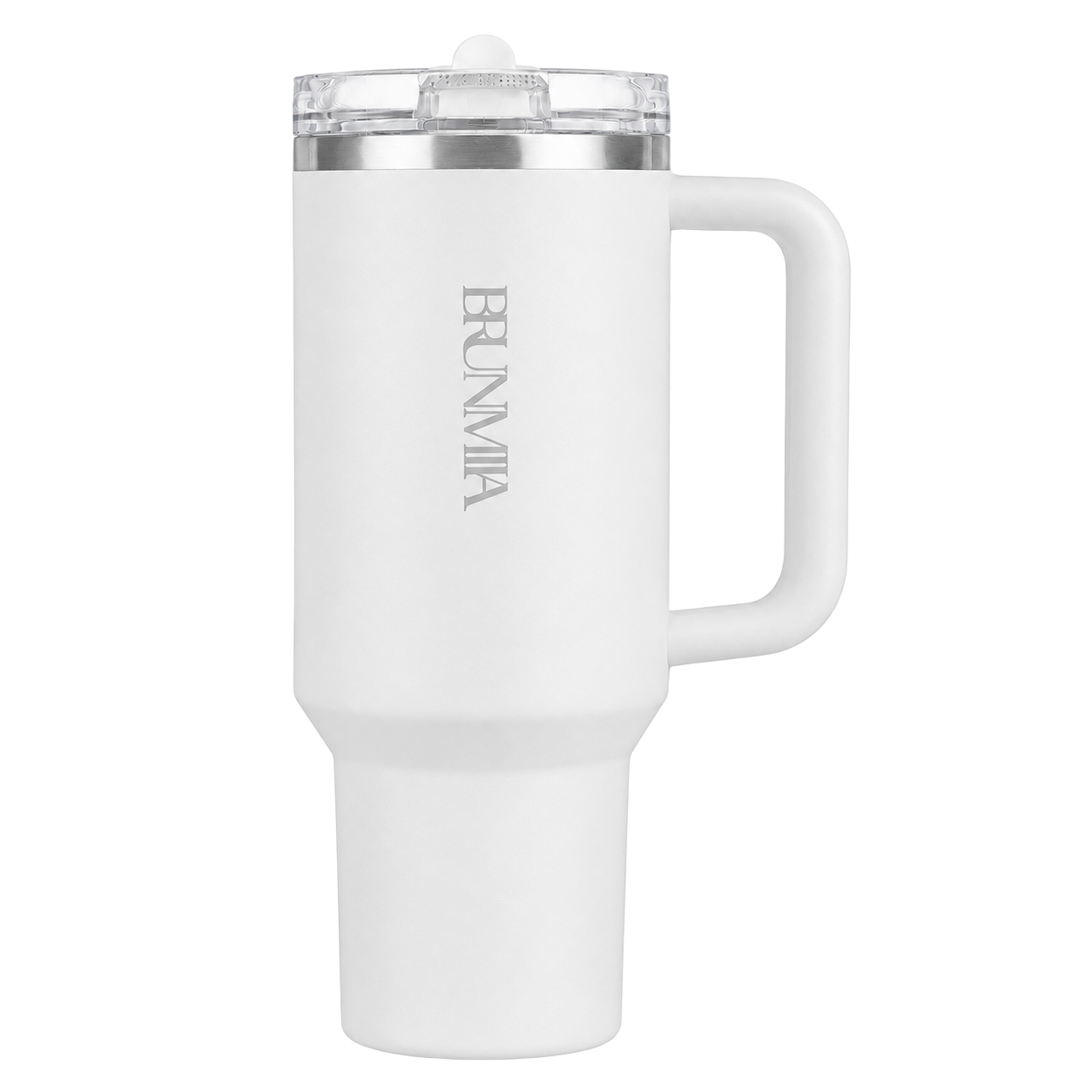 Front view of the white BRUNMIIA 40oz insulated tumbler with logo, fixed handle and tapered base