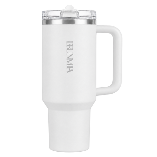 Front view of the white BRUNMIIA 40oz insulated tumbler with logo, fixed handle and tapered base