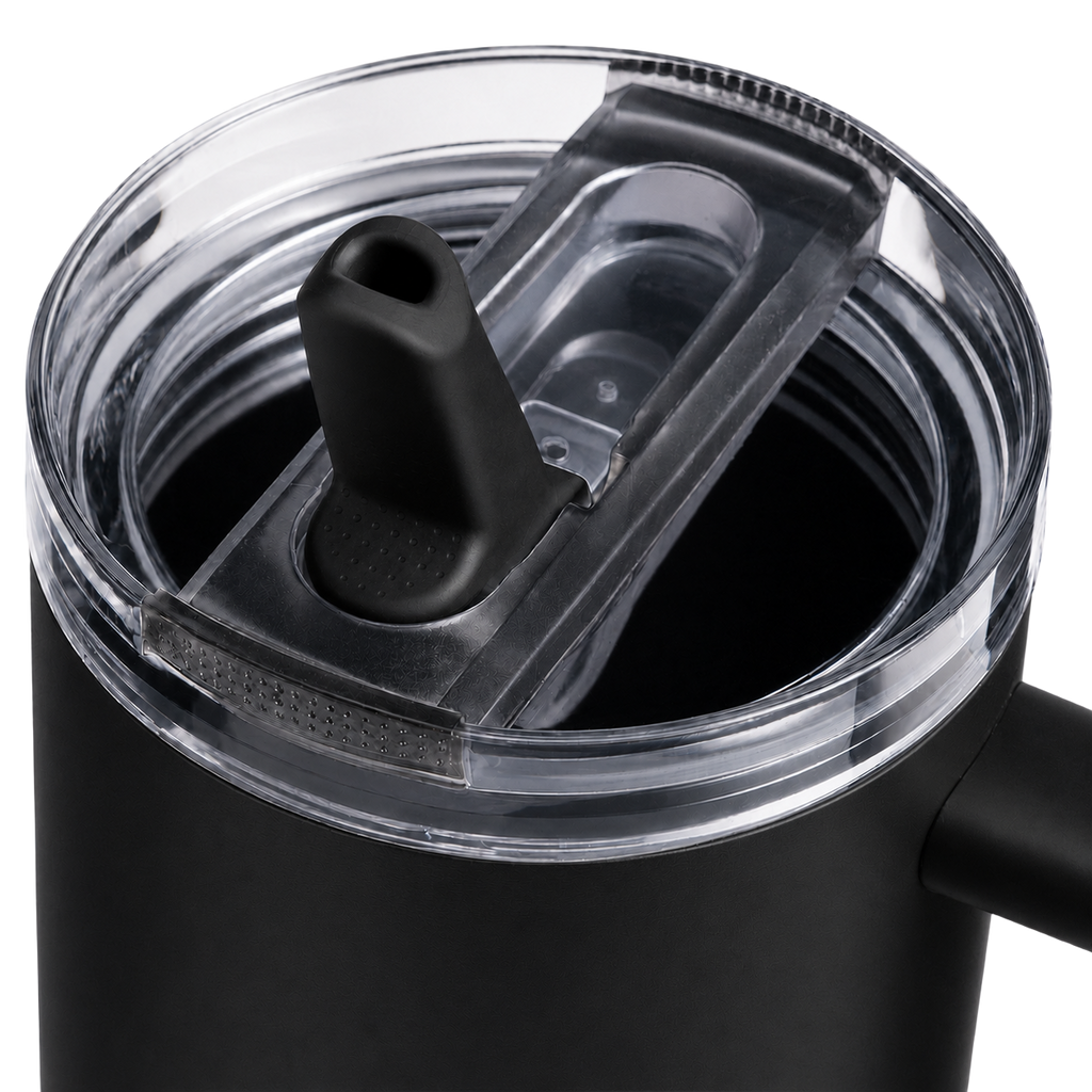 Close-up of the black BRUNMIIA 40oz tumbler transparent lid and flip straw