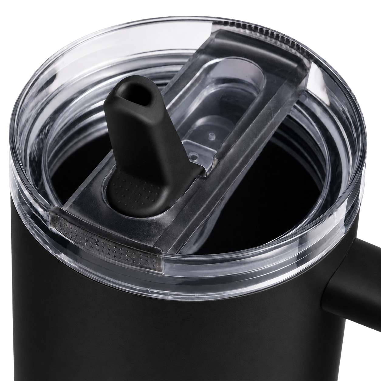 Close-up of the black BRUNMIIA 40oz tumbler transparent lid and flip straw