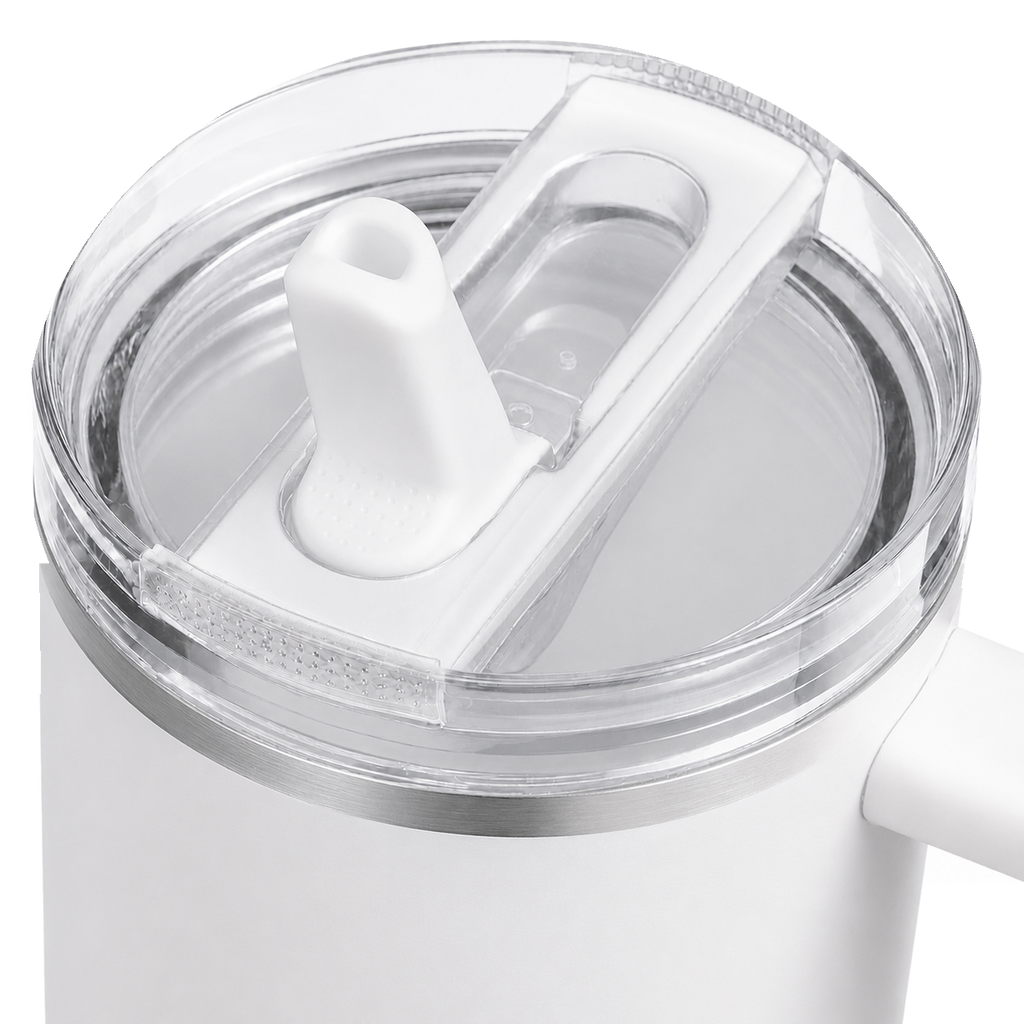 Close-up of the white BRUNMIIA 40oz tumbler transparent lid and flip straw