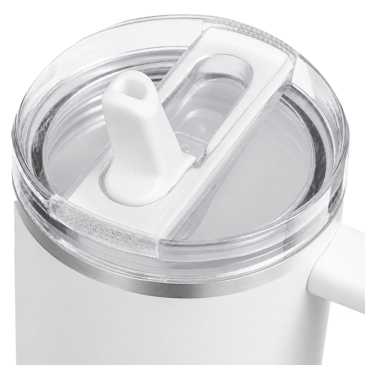 Close-up of the white BRUNMIIA 40oz tumbler transparent lid and flip straw