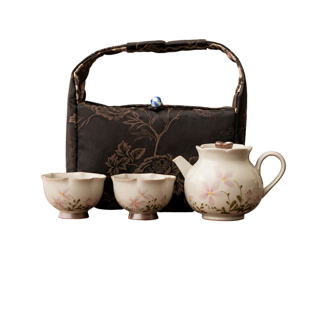 Front view of BRUNMIIA floral ceramic tea set for two with soft-sided carry bag