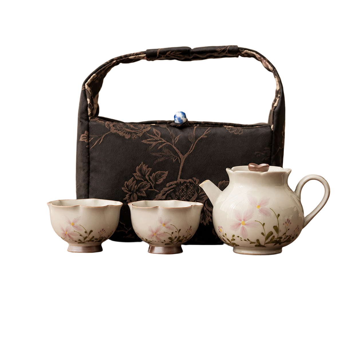 Front view of BRUNMIIA floral ceramic tea set for two with soft-sided carry bag