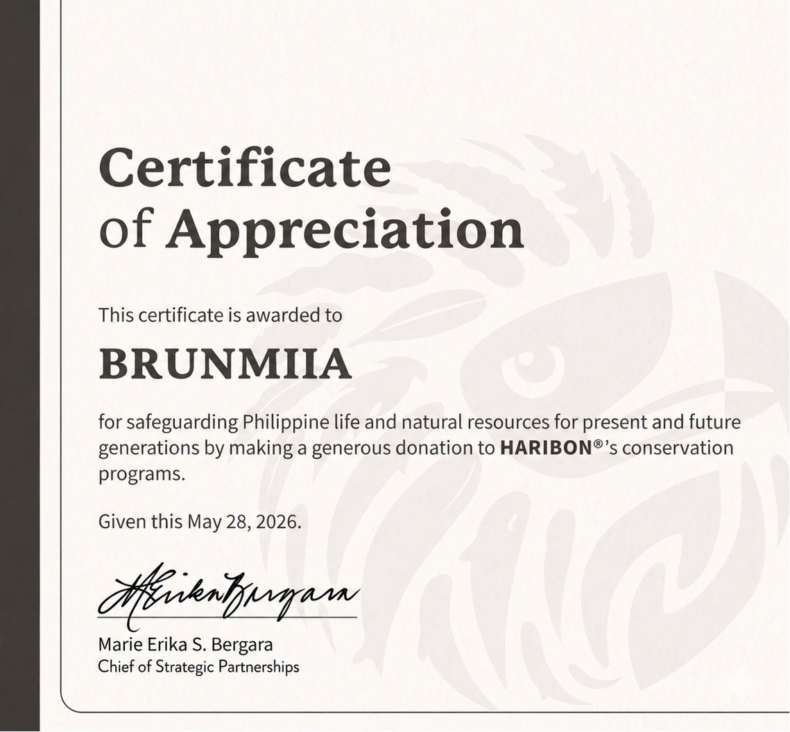 Certificate of Appreciation awarded to BRUNMIIA by Haribon Foundation on May 28, 2026