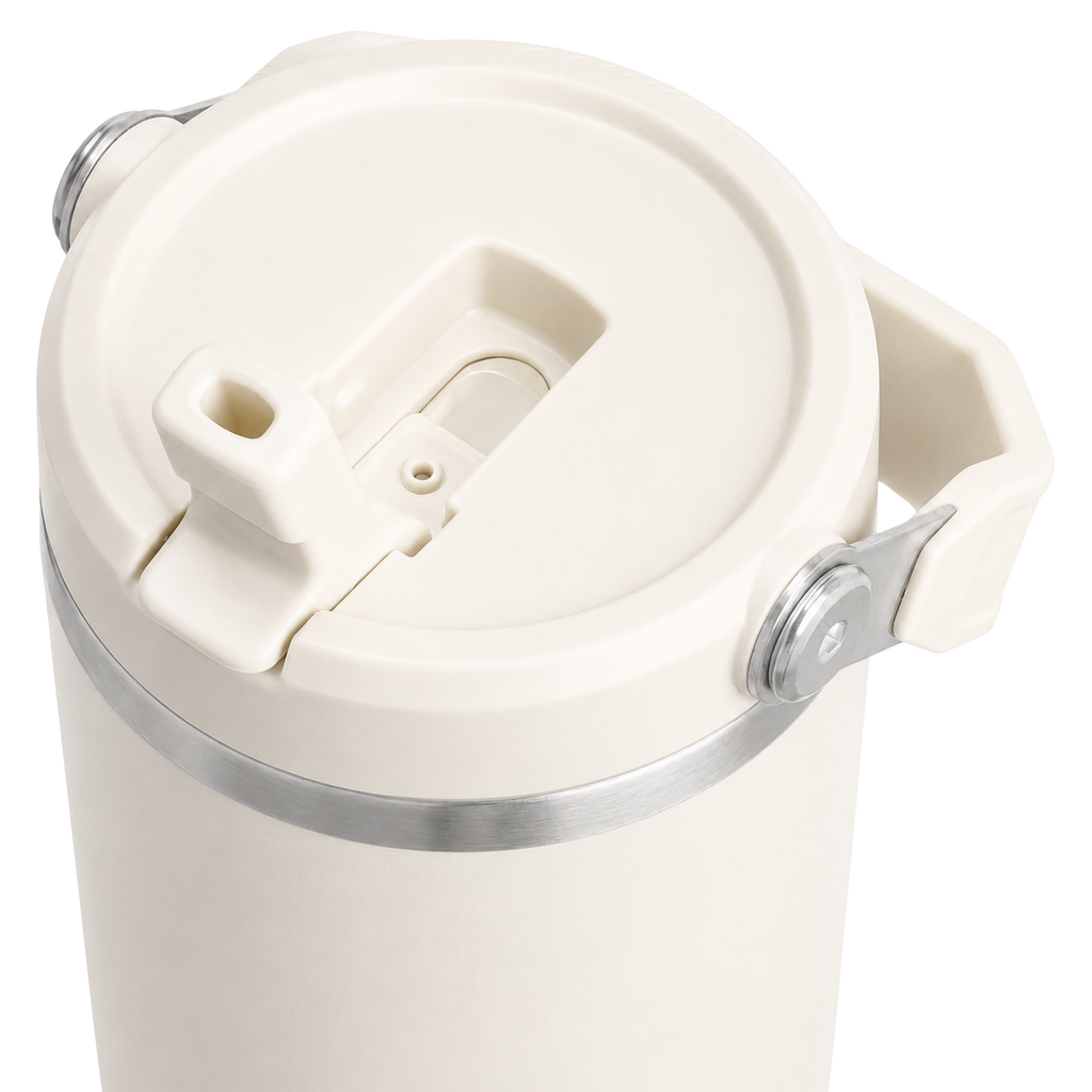 Close-up of the BRUNMIIA 30oz insulated tumbler lid with flip straw and carry handle