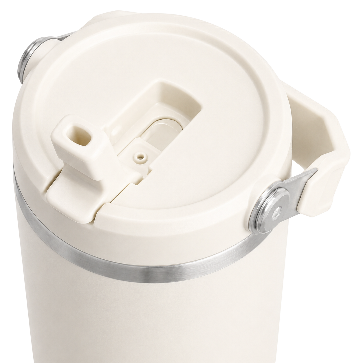 Close-up of the BRUNMIIA 30oz insulated tumbler lid with flip straw and carry handle