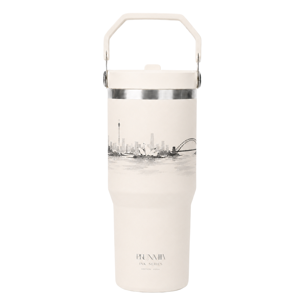 Front view of the BRUNMIIA Ink Series 30oz insulated tumbler with monochrome cityscape artwork